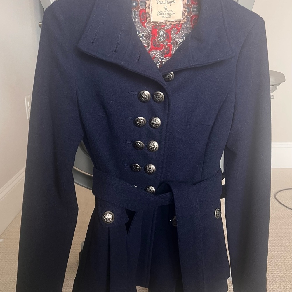 Vintage Free People Coat Navy Blue Wool Peplum Military Buttons Size 6